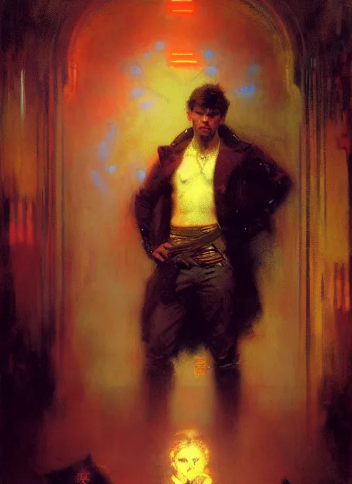 Image similar to illustration by gaston bussiere, gerome, craig mullins, greg rutkowski, john singer sargent. portrait of eddie munson joseph quinn. 8 0's neon retro. lights, glow, magical. dark background.