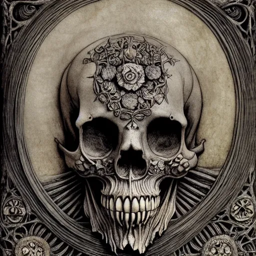 Prompt: memento mori by arthur rackham, art forms of nature by ernst haeckel, photorealistic, hyperdetailed, octane render, art nouveau, gothic, ornately carved beautiful skull mask dominant, intricately carved ornamental antique bone, art nouveau botanicals, art forms of nature by ernst haeckel, horizontal symmetry, symbolist, visionary