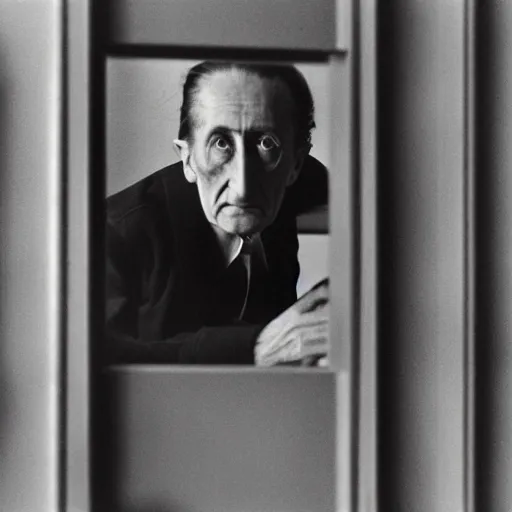 Prompt: underexposed photo of Marcel Duchamp in a minimal room with an ancient machine, tri-x, archival pigment print in the style of Hito Steyerl and Trevor Paglen, contemporary art