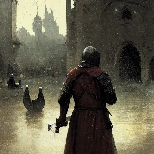 Prompt: a man holding a sword in the medieval era the background to the small town and it is raining by greg rutkowski