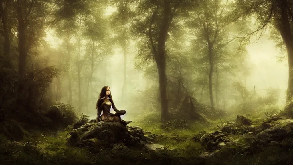 Image similar to elven princess sitting alone, far away, in the melancholy forest. andreas achenbach, artgerm, mikko lagerstedt, zack snyder, tokujin yoshioka