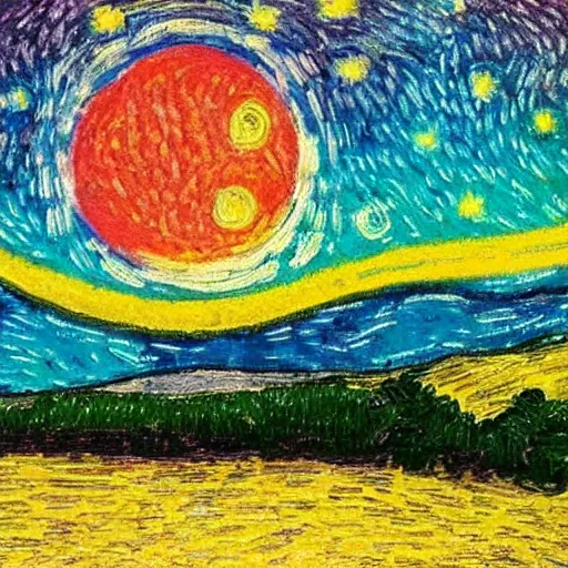 Image similar to an impressionist painting of a nightsky with a strawberry moon, inspired by starry night, vincent van gogh