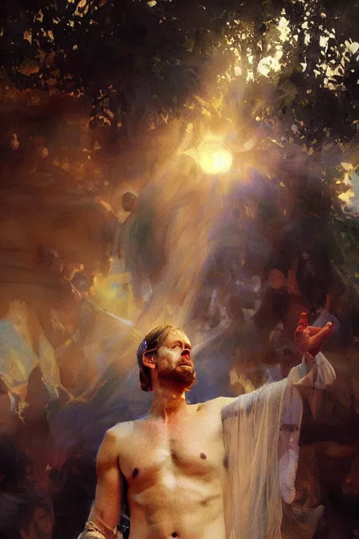 Image similar to beautiful impressionistic oil painting portrait of ancient roman god emperor steve buscemi ascending wearing the civic crown levitating in religious pose, art by anders zorn, wonderful masterpiece by greg rutkowski, expressive brush strokes, beautiful cinematic light, american romanticism by greg manchess, jessica rossier