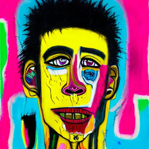 Image similar to pink and yellow detailed neo expressionism oil painting of sad boy rapper crying with tattoos by basquiat