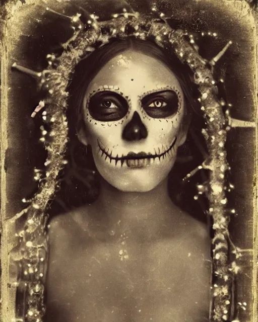 Image similar to tintype virgin mary dressed in dia de muertos makeup high quality photo, microchip, artificial intelligence, bio - mechanical bio - luminescence, black wired cables, neurons, nerve cells, cinematic, rim light, photo - realistic, high detail, 8 k, masterpiece, high fashion, in the style of steven meisel dora maar h. r. giger