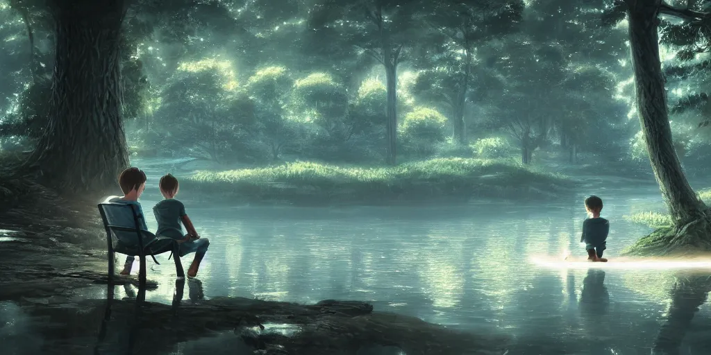 Prompt: a silver dragon and a boy sitting next to lake in forest, many fireflys, at night, concept art, dof, cryengine, digital art, detailed background, makoto shinkai