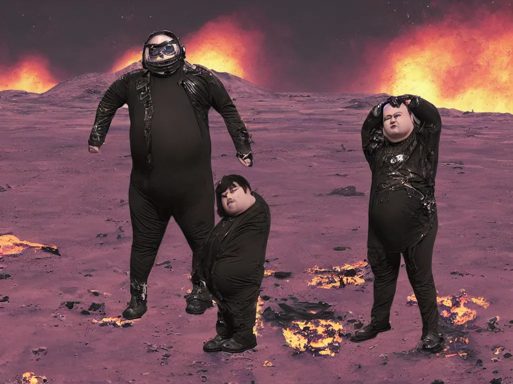 Prompt: portrait of an overweight person with emo haircut wearing gothy purple and black space spandex suits, standing next to smashed burning spacecraft wreckage, on the surface of mars, highly detailed, dramatic lighting, photorealistic, cinematic