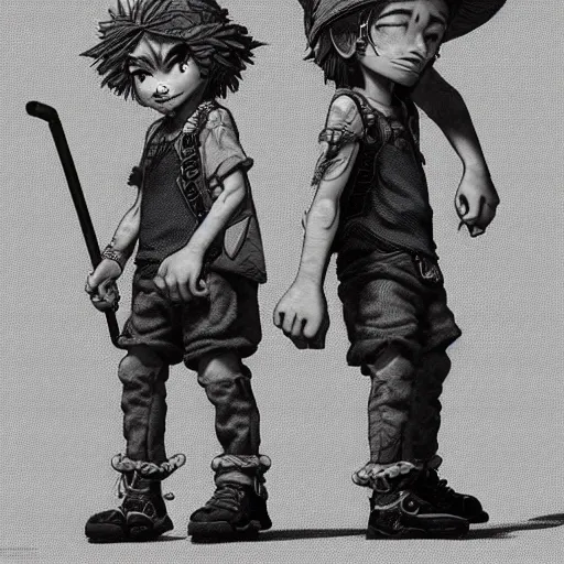 Image similar to rpg character concept art, twin brothers being cute and gangsta, intricate detail, in the style of jamie hewlett kawase hasui riyoko ikeda, 3 d render, artstation trending, 8 k, octane render, photorealistic, sharp detail, manga, black and white