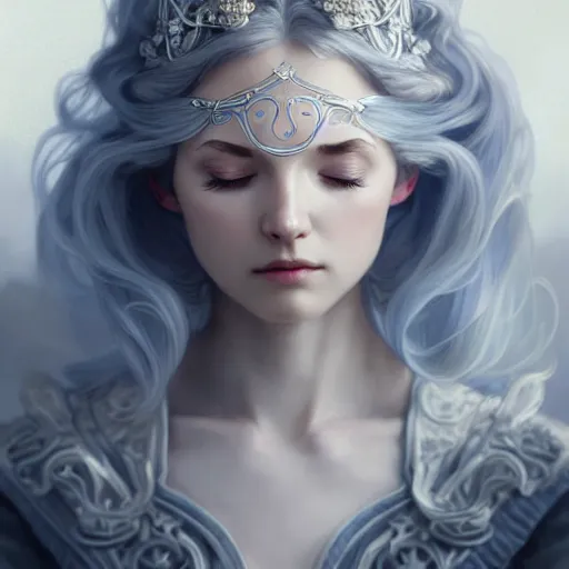 Prompt: aristocrat, white grey blue color palette, eyes closed, female, d & d, fantasy, intricate, elegant, highly detailed, long silver hair, digital painting, artstation, octane render, concept art, matte, sharp focus, illustration, hearthstone, art by artgerm, alphonse mucha johannes voss