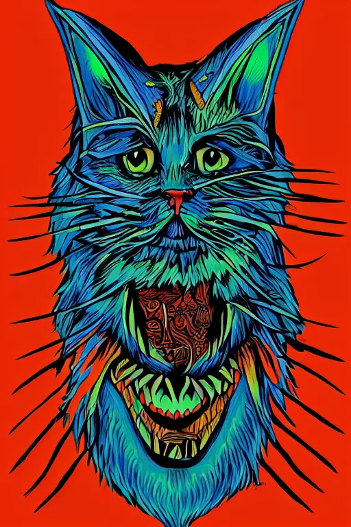 Image similar to demon cat, art by brian miller, colorful, illustration, highly detailed, simple, no jagged lines, smooth