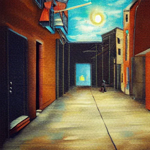 Image similar to impending doom in an alleyway, retro, tense atmosphere, painterly