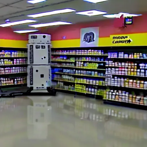 Image similar to abandoned robot android factory in a convenience store, damaged camcorder video