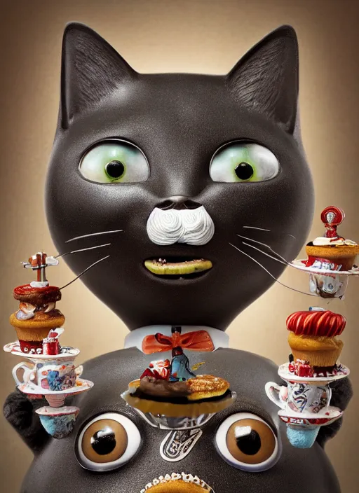 Image similar to closeup face profile portrait of a tin toy cat eating cakes, depth of field, zeiss lens, detailed, symmetrical, centered, fashion photoshoot, by nicoletta ceccoli, mark ryden, lostfish, breathtaking, 8 k resolution, extremely detailed, beautiful, establishing shot, artistic, hyperrealistic, octane render