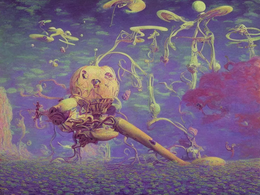 Prompt: psychedelics dream bot mothership over the former species. painting by monet, walton ford, wayne barlowe, agnes pelton, rene magritte