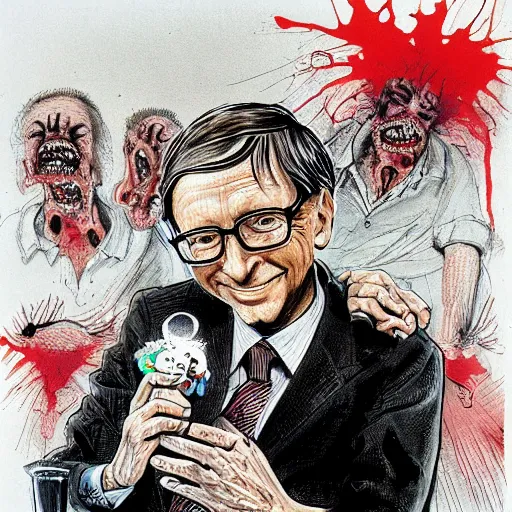 Image similar to bill gates holding a vaccine in his hand, Body horror, by Ralph Steadman