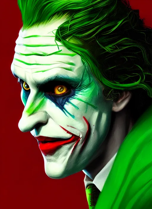 Image similar to portrait of jon as the joker, green hair, intricate, elegant, glowing lights, highly detailed, digital painting, artstation, concept art, sharp focus, illustration, art by wlop, mars ravelo and greg rutkowski