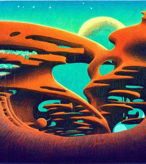 Prompt: pyrography of a Cosmic Convergence pastiche by Roger Dean and Moebius