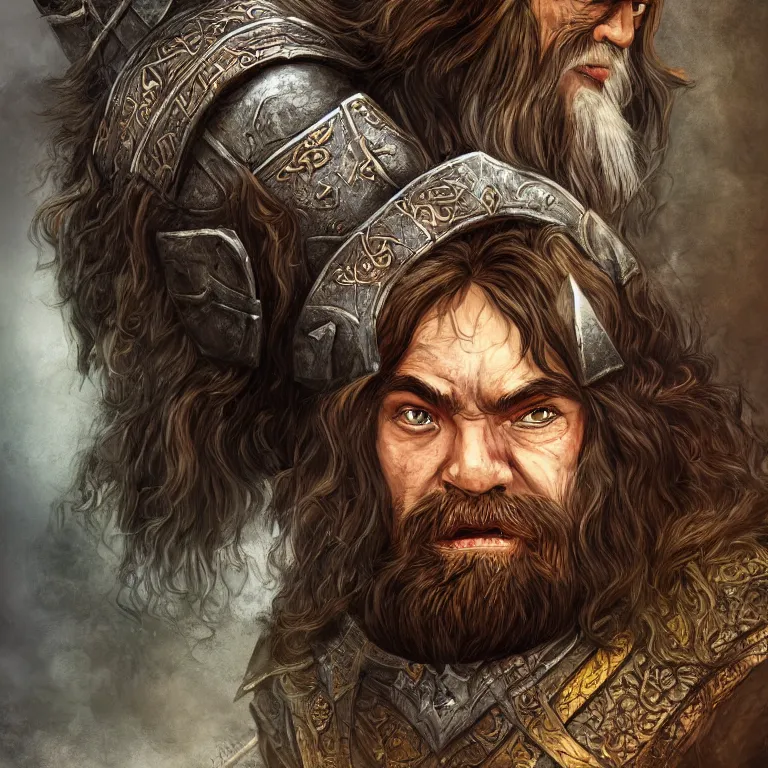 Prompt: cute dwarf warrior in mountain, lord of the rings style, fantasy, poster, character portrait, portrait, close up, concept art, intricate details, highly detailed, full body, 8 k, detailed face, body