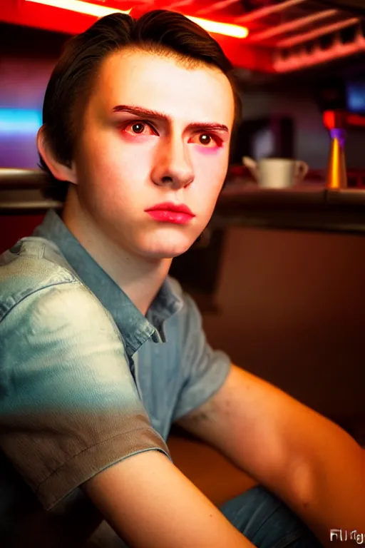 Image similar to an ultra high definition telephoto portrait cyberpunk 7 0 s diner film set photograph of a young man with short messy brown hair triangle head puffy cheeks narrow chin high cheek bones confused expression. wide angle close up. three point lighting. volumetric. refraction. imagined detail. soft focus ambient light sources. haze, light glare, art directed. filmic.