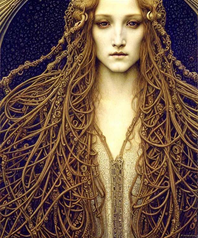 Image similar to detailed realistic beautiful young medieval queen face portrait by jean delville, gustave dore and marco mazzoni, art nouveau, symbolist, visionary, gothic, pre - raphaelite. horizontal symmetry