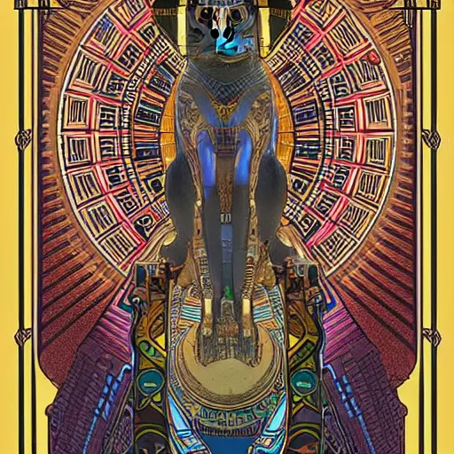 Prompt: giant egyptian cyberpunk cat statue. Cybernetics. Synthwave. temple. 8k resolution, extremely detailed, digital illustration. Poster by alphonse mucha.