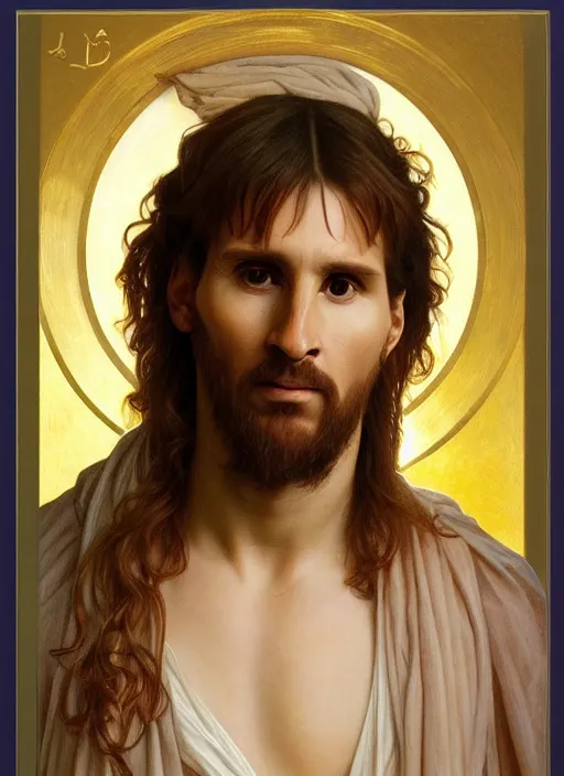 Prompt: portrait lionel messi as jesus in the cross, full length shot, shining, 8 k highly detailed, sharp focus, illustration, art by artgerm, mucha, bouguereau