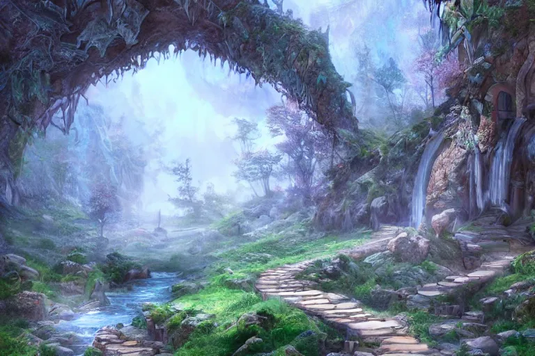 Image similar to A small elven village with elegant architecture at the base of a shallow valley, a winding white pathwalk and a small brook running through, clear blue skies in the background, octane rendering, oil painting, mind-blowing detail, photoreaistic, trending on artstation, trending on deviant art, intricate, elegant, digital painting, saturated colors, smooth, sharp focus, art by artgerm and Todd Shorr