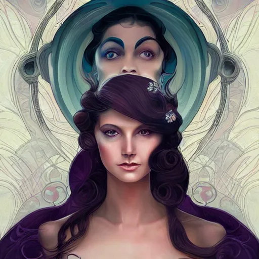 Prompt: an art nouveau, ( streamline moderne ), multi - racial portrait in the style of anna dittmann and charlie bowater and chanthara. very large, clear, expressive, and intelligent eyes. centered, ultrasharp focus, dramatic lighting, photorealistic digital matte painting, intricate symmetrical ultra detailed background.