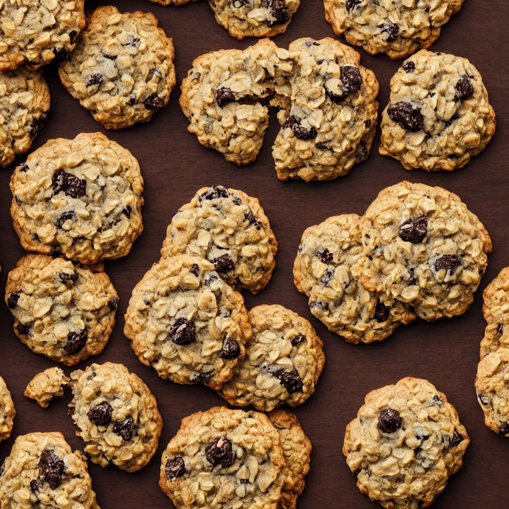 Image similar to close - up view of singular brown oatmeal raisin cookies on top of a wooden table, 8 k, high detail, photorealistic, proper shading