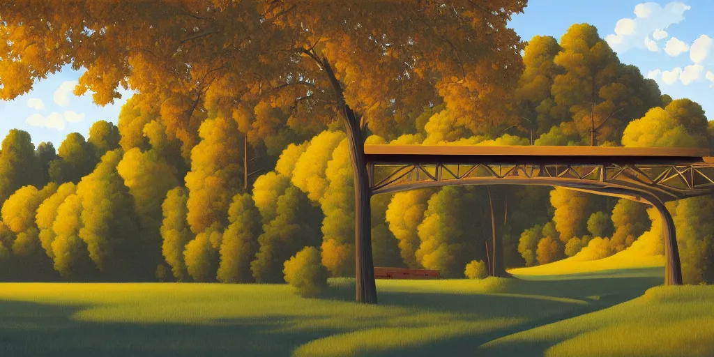 Image similar to tall bridge for trains, in the forest, blue sky, summer evening, kenton nelson