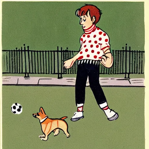 Image similar to illustration of french boy on the streets of paris playing football against a corgi, the dog is wearing a polka dot scarf, comic, 1 9 7 2