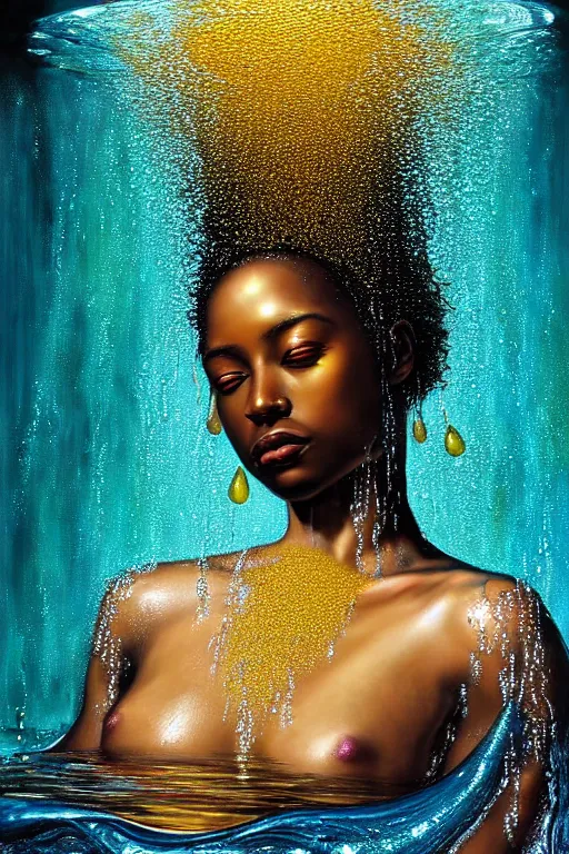 Image similar to hyper realistic precisionist cinematic very expressive! oshun goddess, in water! john everett millais, mirror dripping droplet!, gold flowers, highly detailed face, digital art masterpiece, smooth eric zener cam de leon, dramatic pearlescent turquoise light on one side, low angle uhd 8 k, shallow depth of field