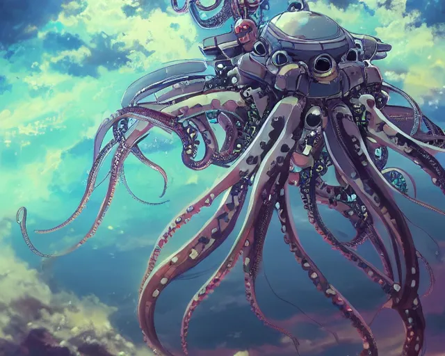 Image similar to beautiful picture of a giant mecha octopus, floating in space, anime style, art by Hajime Katoki, trending on artstation