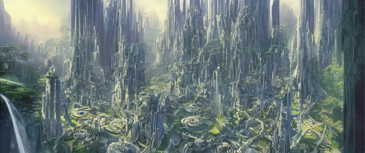 Image similar to A beautiful illustration of a futuristic city built across a world of waterfalls by Robert McCall and Ralph McQuarrie | sparth:.2 | Time white:.2 | Rodney Matthews:.2 | Graphic Novel, Visual Novel, Colored Pencil, Comic Book:.6 | unreal engine:.3 | | viewed from above | establishing shot:.7