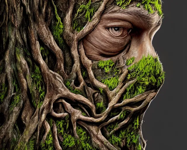 Image similar to a talking oak tree, a face in the bark, nose made of wood, eyes in the bark, mouth in the bark, fantasy concept art, leaves and moss, digital painting, oil painting, hyperrealistic, treebeard, ent, highly detailed, golden sunlight, very detailed eyes, artstation, cgsociety, in the forest, by alan lee, by artgerm