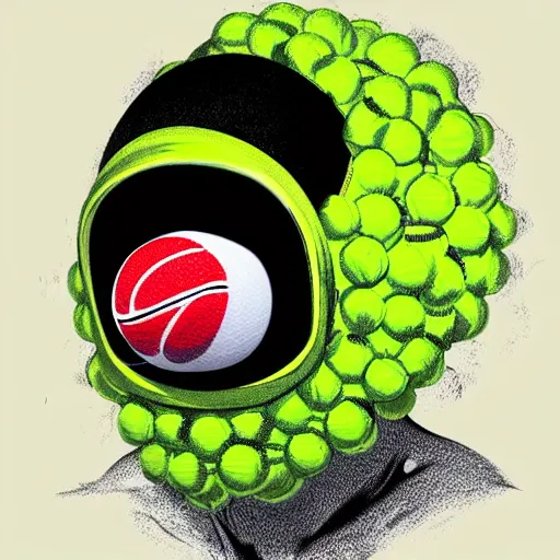 Image similar to a tennis ball monster with a tennis racquet, bust shot, balaclava, face covered, smooth, intricate, elegant, power aura, digital painting, artstation, concept art, sharp focus, illustration, art by basil gogos - h 6 4 0