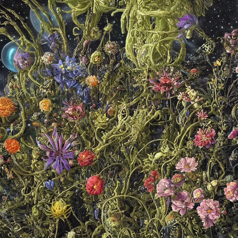 Prompt: close - up of alien plants and flowers in a garden at night. decorated with foliage, faberge, and filigree. pulp sci - fi art for omni magazine. cosmic. baroque period, oil on canvas. renaissance masterpiece, by r. s. connett