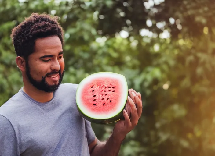 Prompt: photo still of a man with a watermelon for a head, 8 k, studio lighting bright ambient lighting key light, 8 5 mm f 1. 8