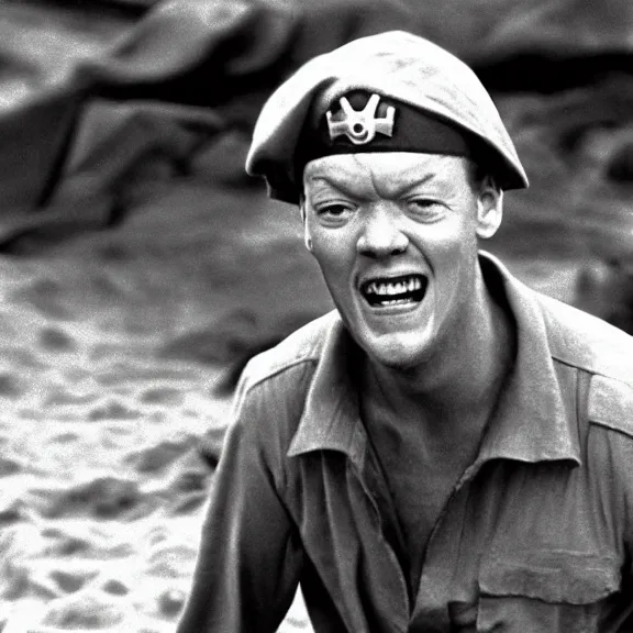 Image similar to photo realistic image of Matthew Lillard as shaggy from scooby doo, storming the beaches of Normandy in 1944, HD, high detail, photorealistic, Hollywood cinematic, Christopher Nolan