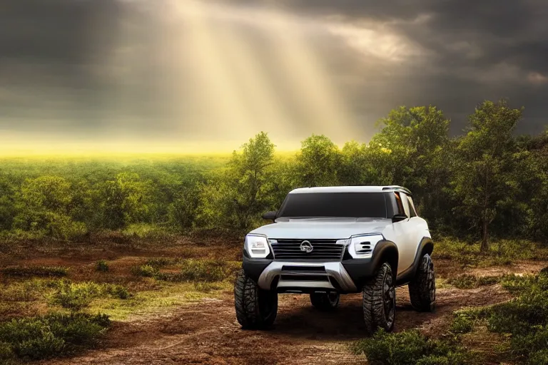 Prompt: a commercial advertisement for a new 4 x 4 concept off road car, driving through a vast serene landscape across rivers and hills, the sun rises in the distance and rain falls in the foreground, light cracking through the clouds onto the treetops, ultra realistic, high definition