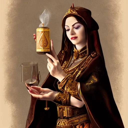 Image similar to a beautiful priestess holding an ornate bottle pouring smoke, concept art