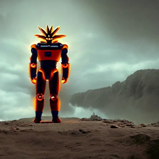 Image similar to movie still of robot goku, cinematic composition, cinematic light, criterion collection, by guillermo del toro