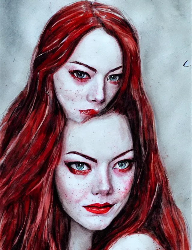 Prompt: portrait of a young emma stone as the scarlet witch, beautiful eyes, long black hair, aquarelle, realistic painting, freckles, 1 / 4 headshot
