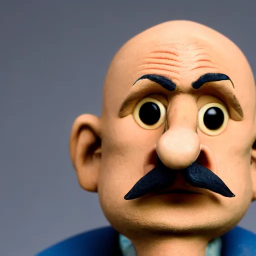 Prompt: close up photo of very serious old man with big nose and mustache, claymation