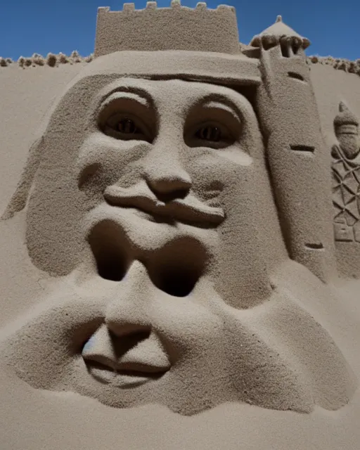 Prompt: a detailed sandcastle with the face of anonymous