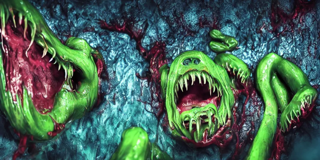Image similar to a muscular slimy creepy monster, open mouth, with very long slimy tongue, dripping saliva, mouths inside mouths, macro photo, fangs, red glowing veins, thin blue arteries, green skin with scales, cinematic colors, standing in shallow water, insanely detailed 8 k artistic photography, dramatic lighting