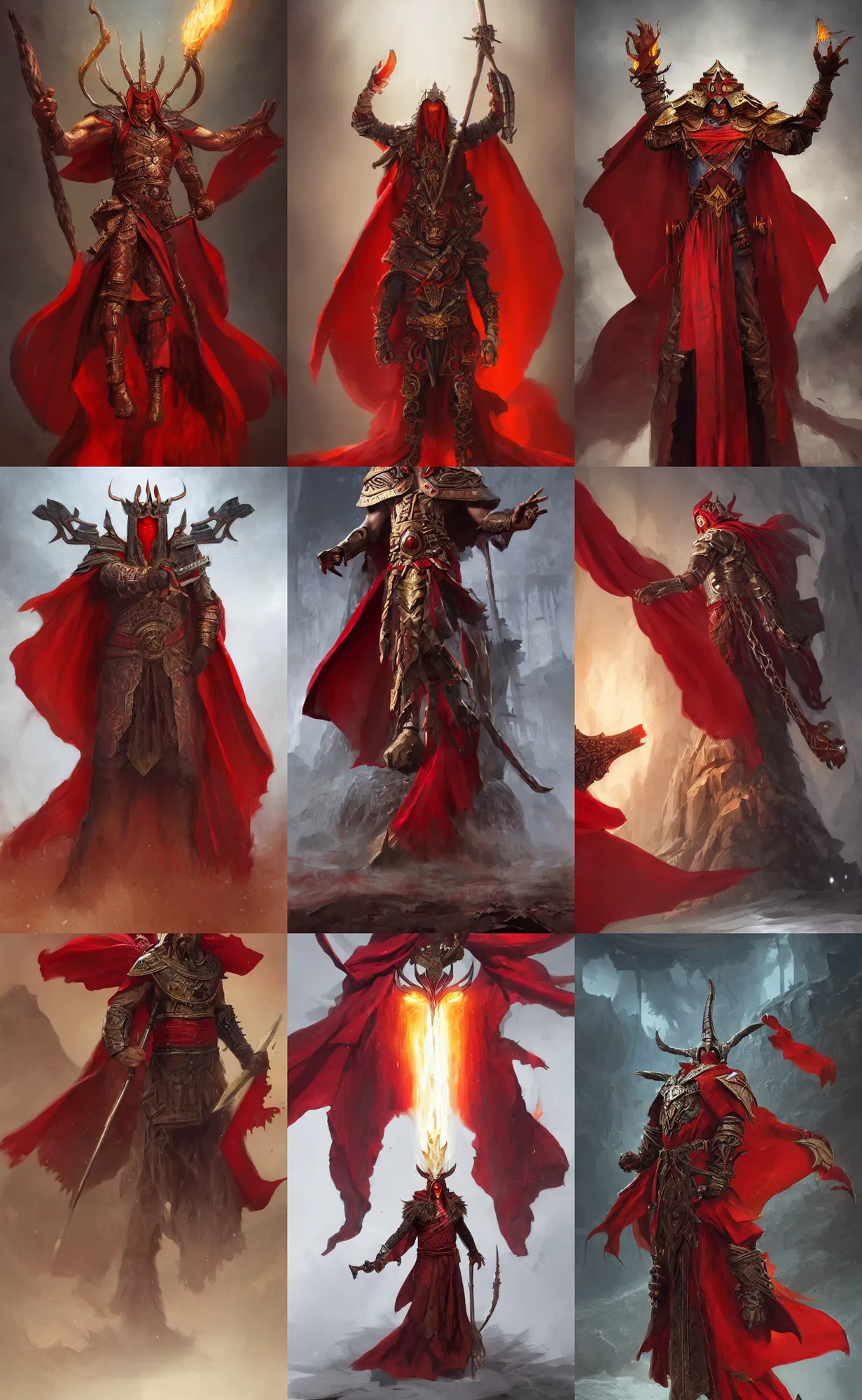 Prompt: ancient fire wizard with red cape and bronze horn headdress, front view, full body shot, highly detailed, digital painting, artstation, concept art, sharp focus, illustration, art by aleksi briclot and greg rutkowski and raphael lacoste and magali villeneuve