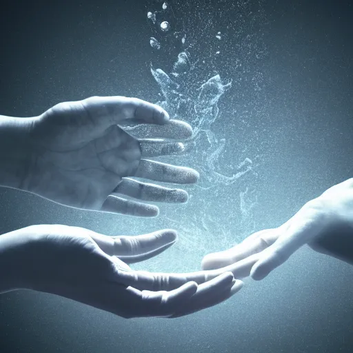 Prompt: hands making contact in the metaverse, organic liquid textures, organic growth, particles, flowing, abundent in details, transparent, surreal dramatic lighting