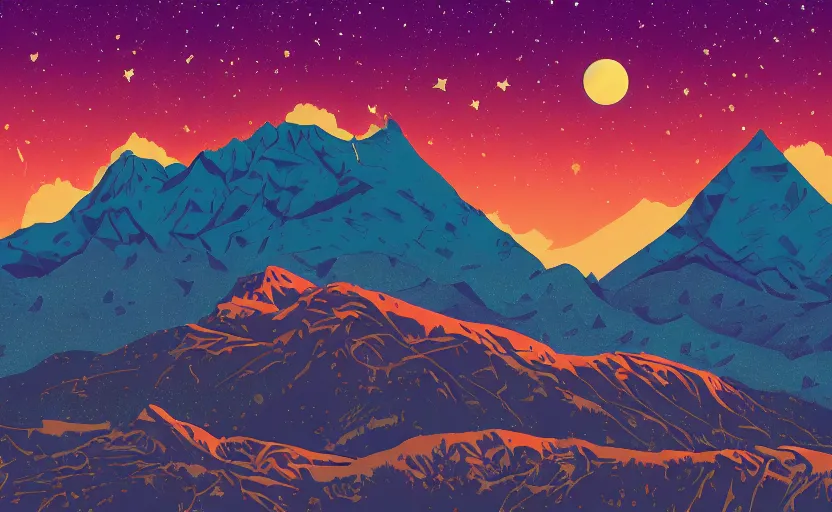 Image similar to mountains, stars and paisley filled sky, artstation, intricate, highly detailed, digital painting, concept art, sharp focus, illustration by Tom Whalen and Charles Williams