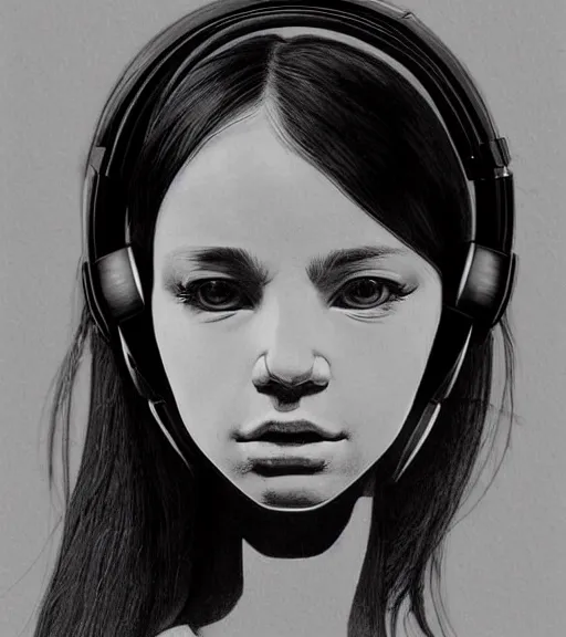 Prompt: young girl wearing headphone listening to amplifier trending on deviantart artstation drawing painting portrait giger sorayama frank Miller style
